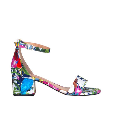 Floral-patterned heel flats with an ankle buckle strap and strap-side view