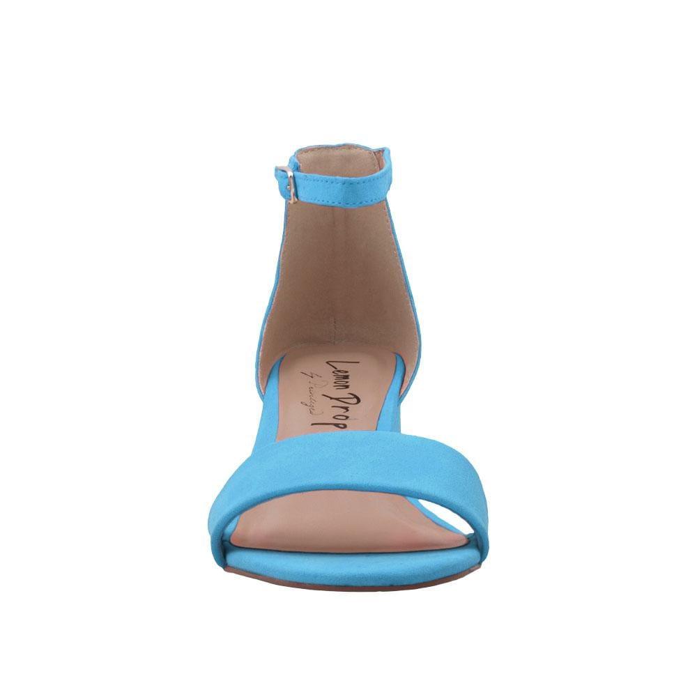 Heel flats in turquoise-colored with a buckle ankle clasp and strapped open toe-front view