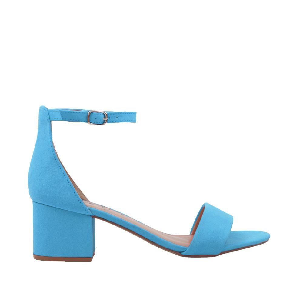 Heel flats in turquoise-colored with a buckle ankle clasp and strapped open toe-side view