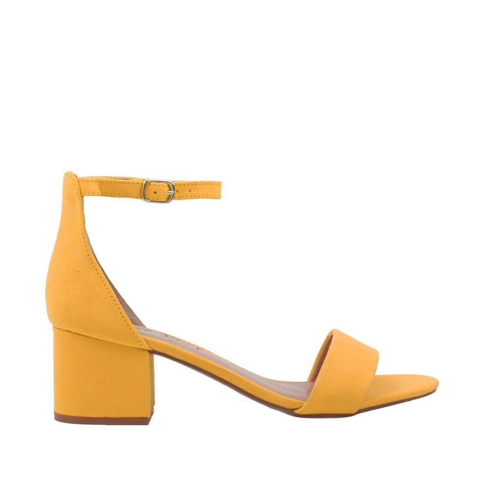 Yellow-colored heel flats with a buckle ankle clasp and strapped open toe-side view