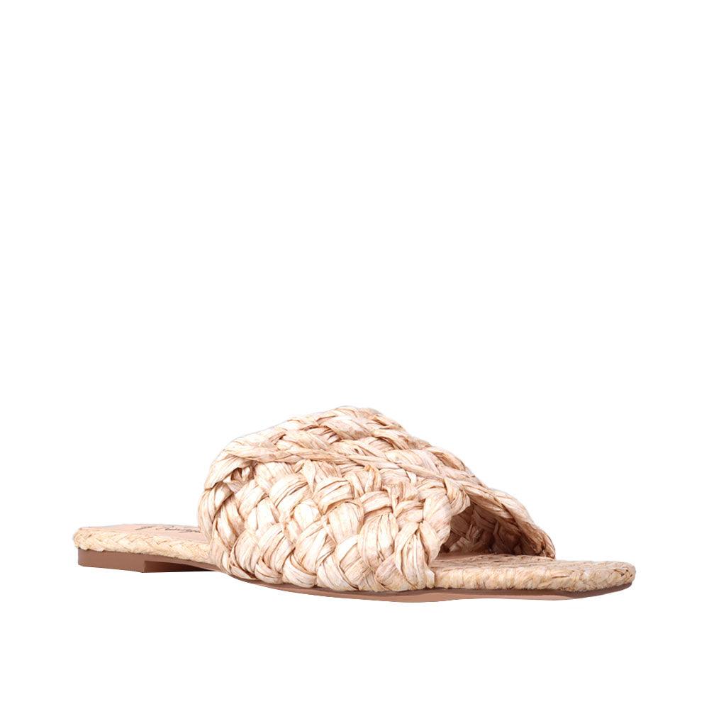 Nude-colored women's woven straw flat slippers-corner view