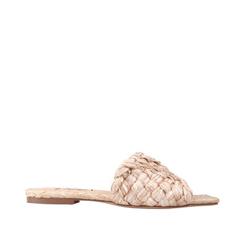 Nude-colored women's woven straw flat slippers-side view