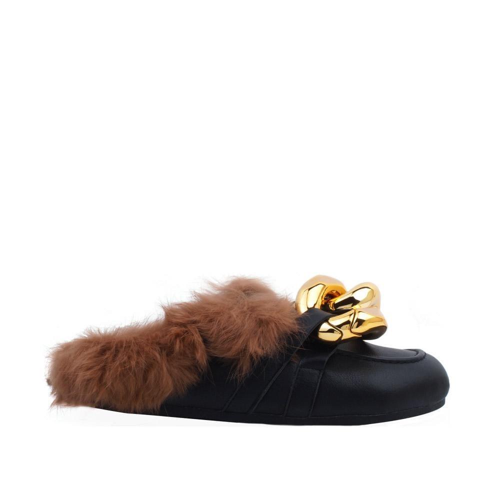 women's brown-colored faux fur trimmed slide-in black-colored shoes with thick metal chain accent