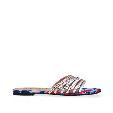 Multicolored women's flats with rhinestone strappy top and slide-in style