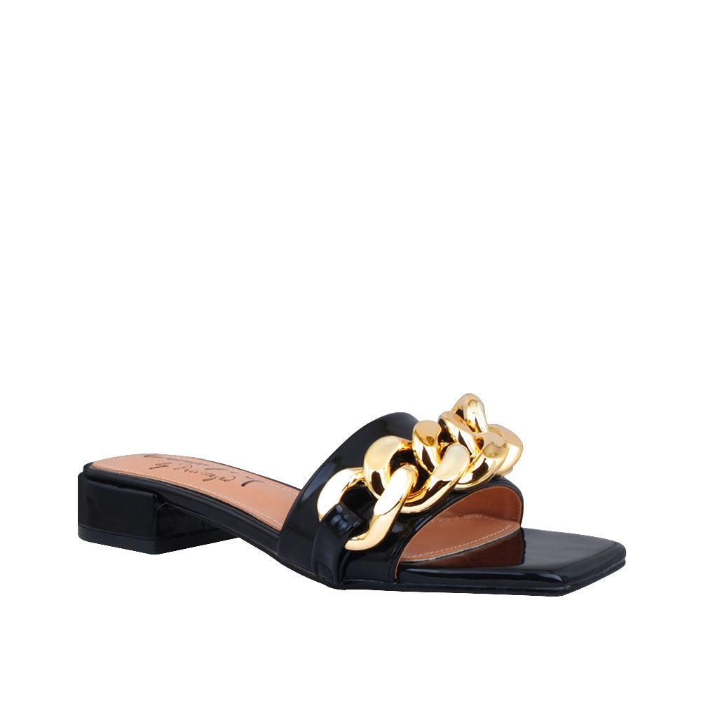 Black women flats with golden chain upper-corner view