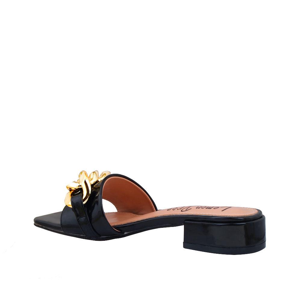 Black women flats with golden chain upper-posterior view