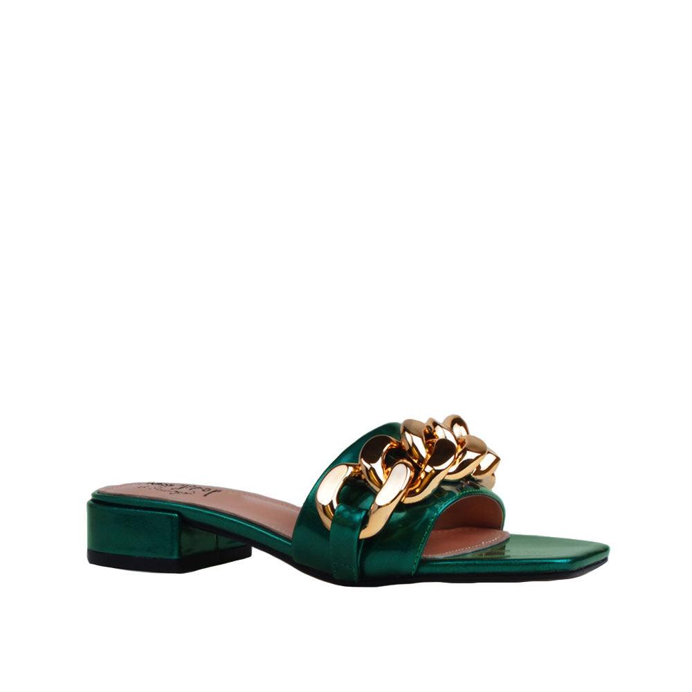 Green women flats with golden chain upper-corner view