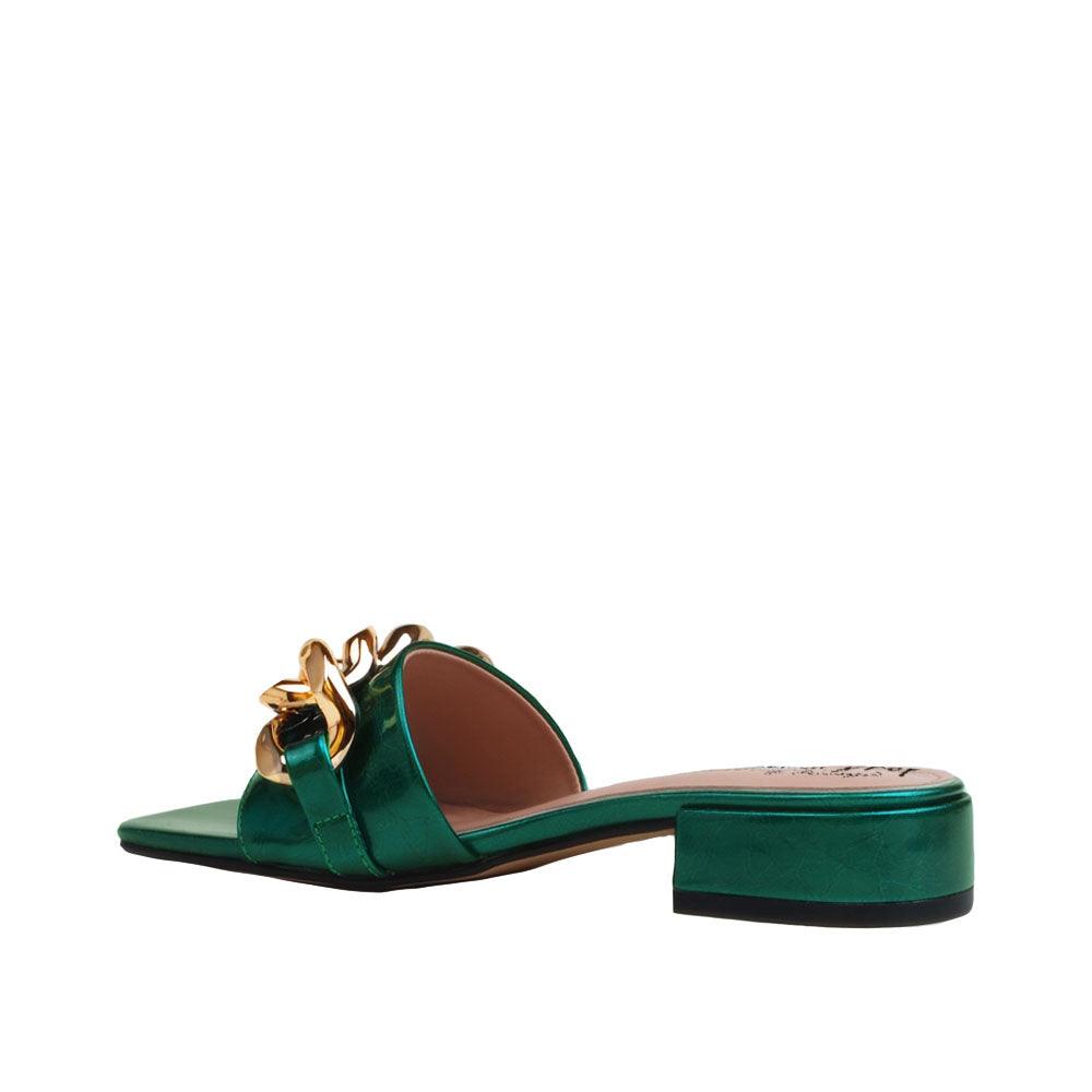 Green women flats with golden chain upper-posterior view