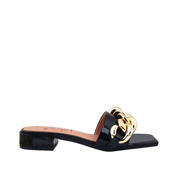 Black women flats with golden chain upper-side view
