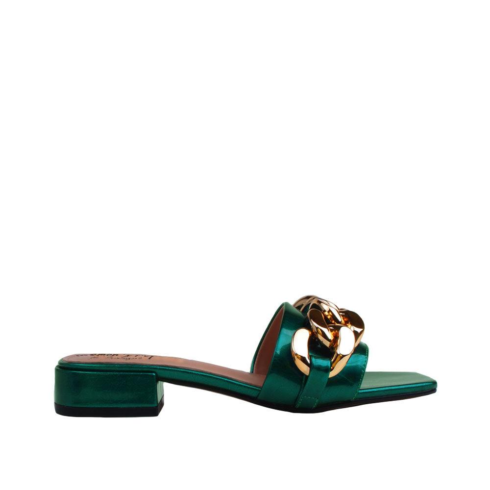 Green women flats with golden chain upper-side view