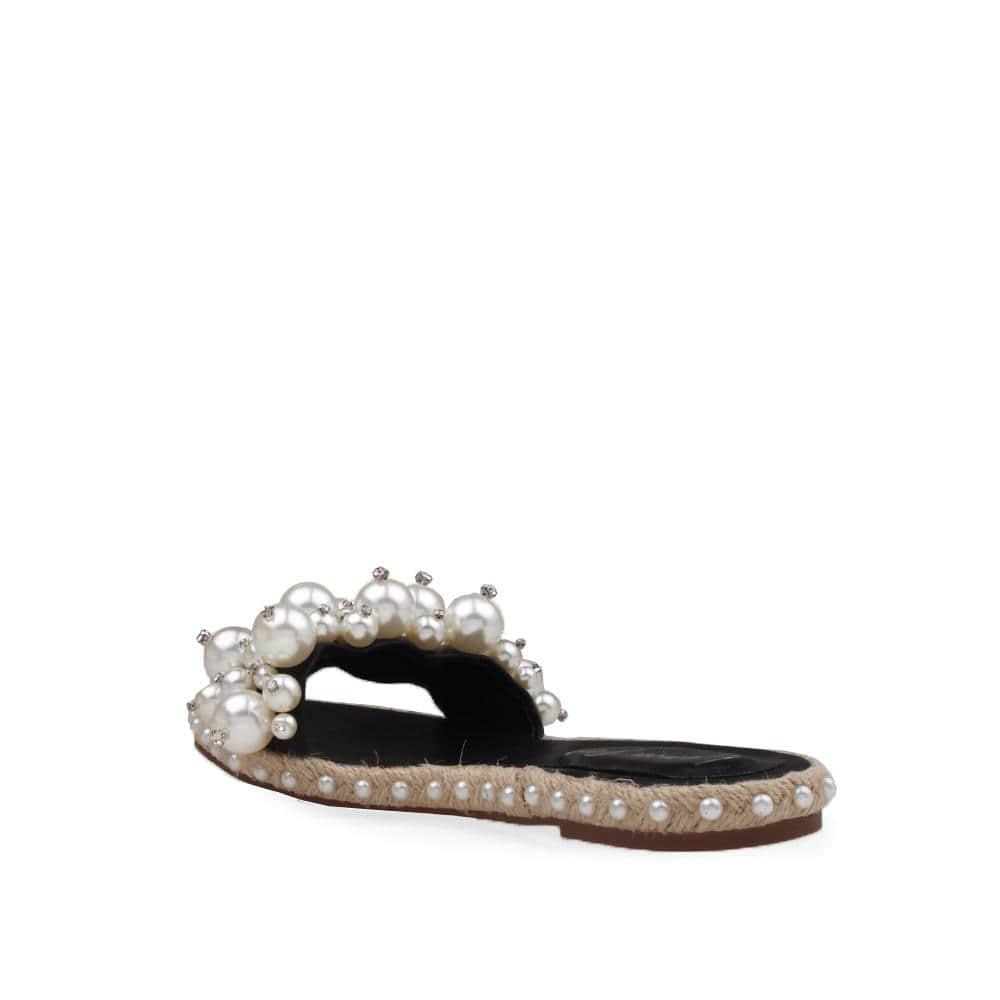 Black women flats with pearl embellished upper and jute base lining-posterior view