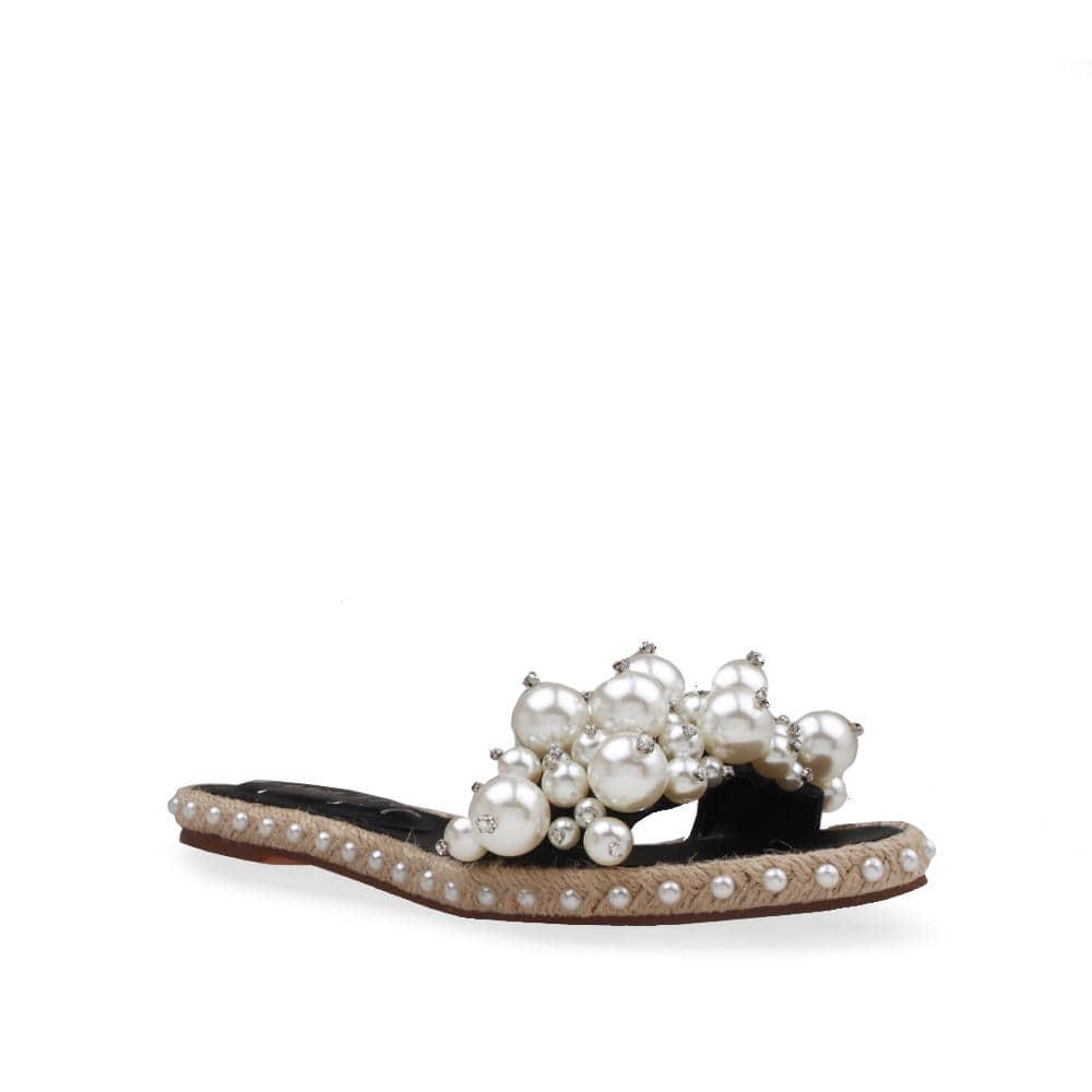 Black women flats with pearl embellished upper and jute base lining-corner view