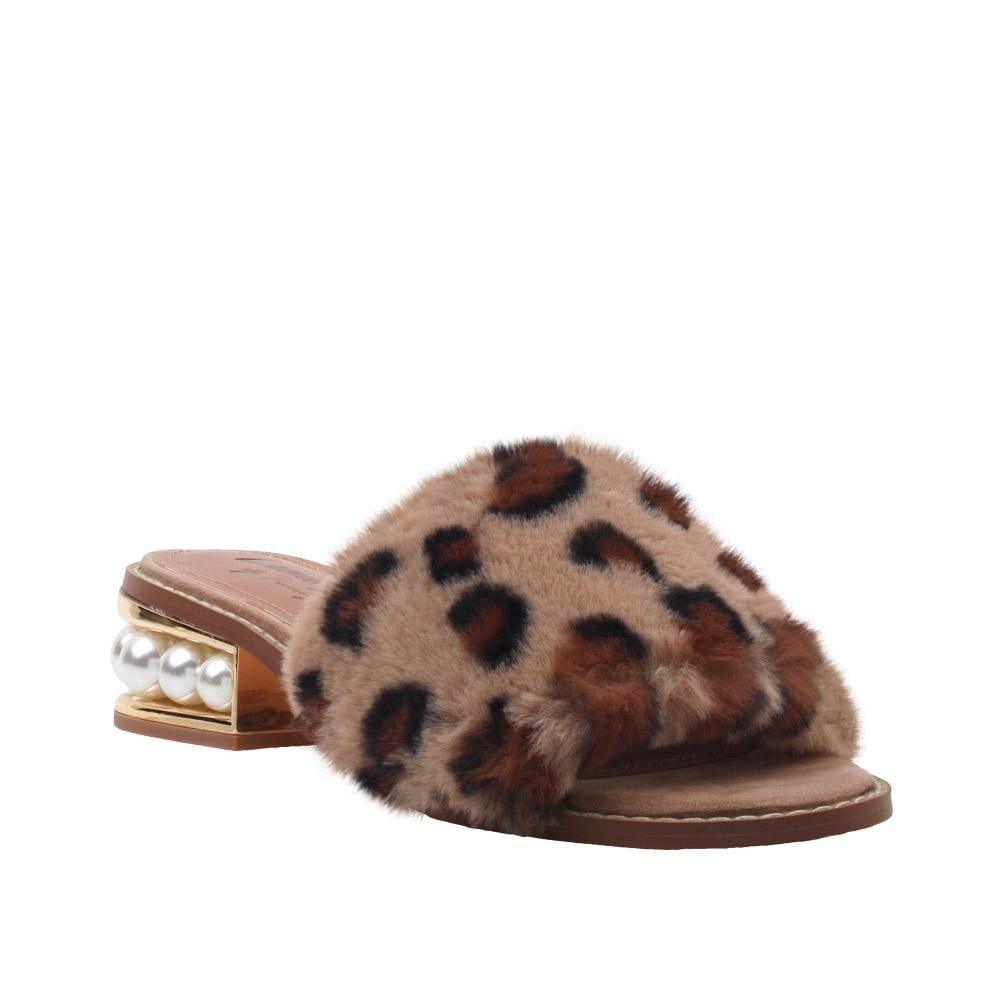 Brown colored women flats with faux fur upper and pearl embellished small heel-corner view