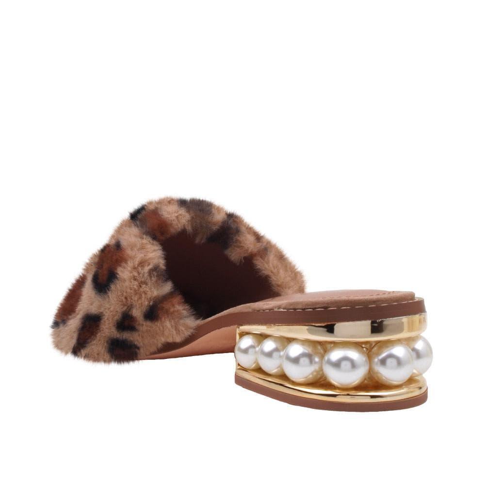 Brown colored women flats with faux fur upper and pearl embellished small heel-posterior view