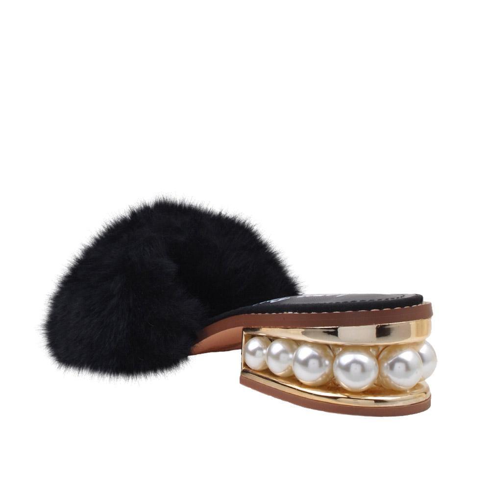 Black colored women flats with faux fur upper and pearl embellished small heel-posterior view