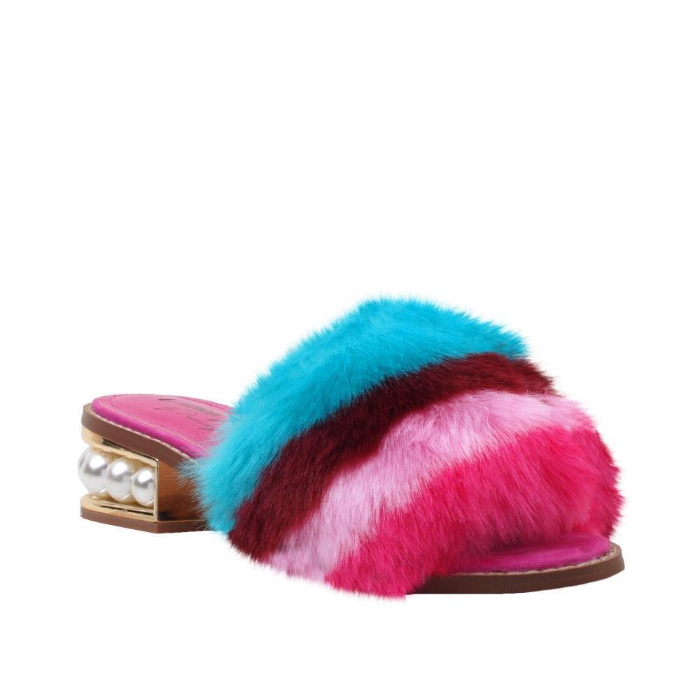 Multi colored women flats with faux fur upper and pearl embellished small heel-corner view