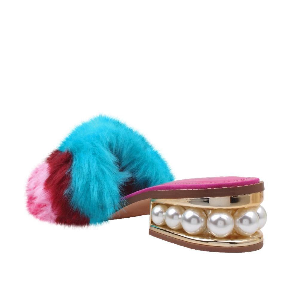 Multi colored women flats with faux fur upper and pearl embellished small heel-posterior view