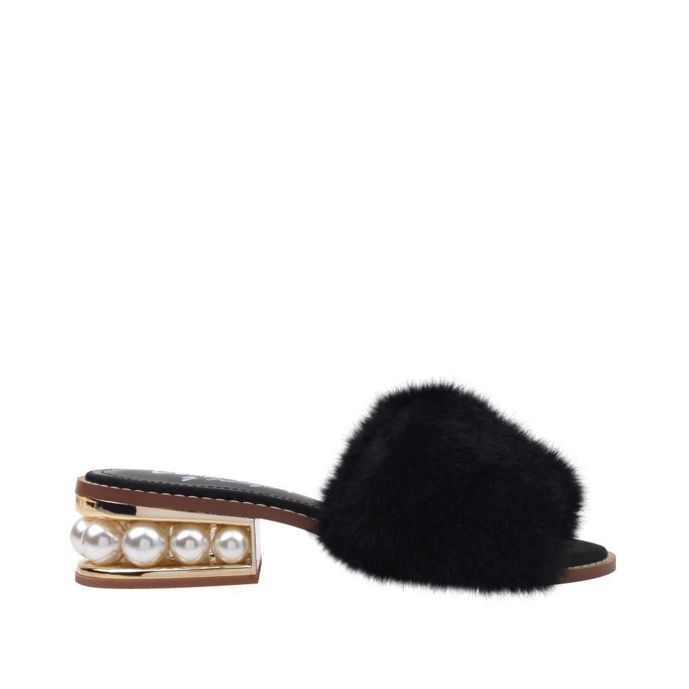 Black colored women flats with faux fur upper and pearl embellished small heel-side view