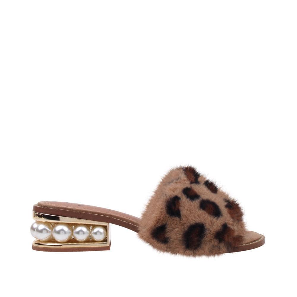 Brown colored women flats with faux fur upper and pearl embellished small heel-side view