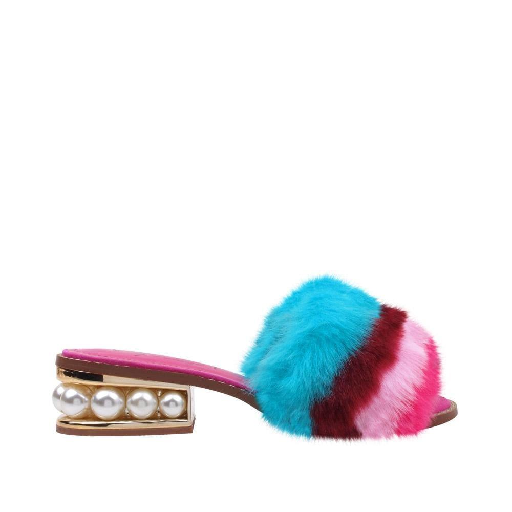 Multi colored women flats with faux fur upper and pearl embellished small heel-side view