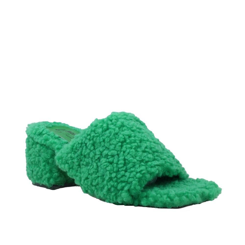 Green colored women flats covered with faux fur-corner view