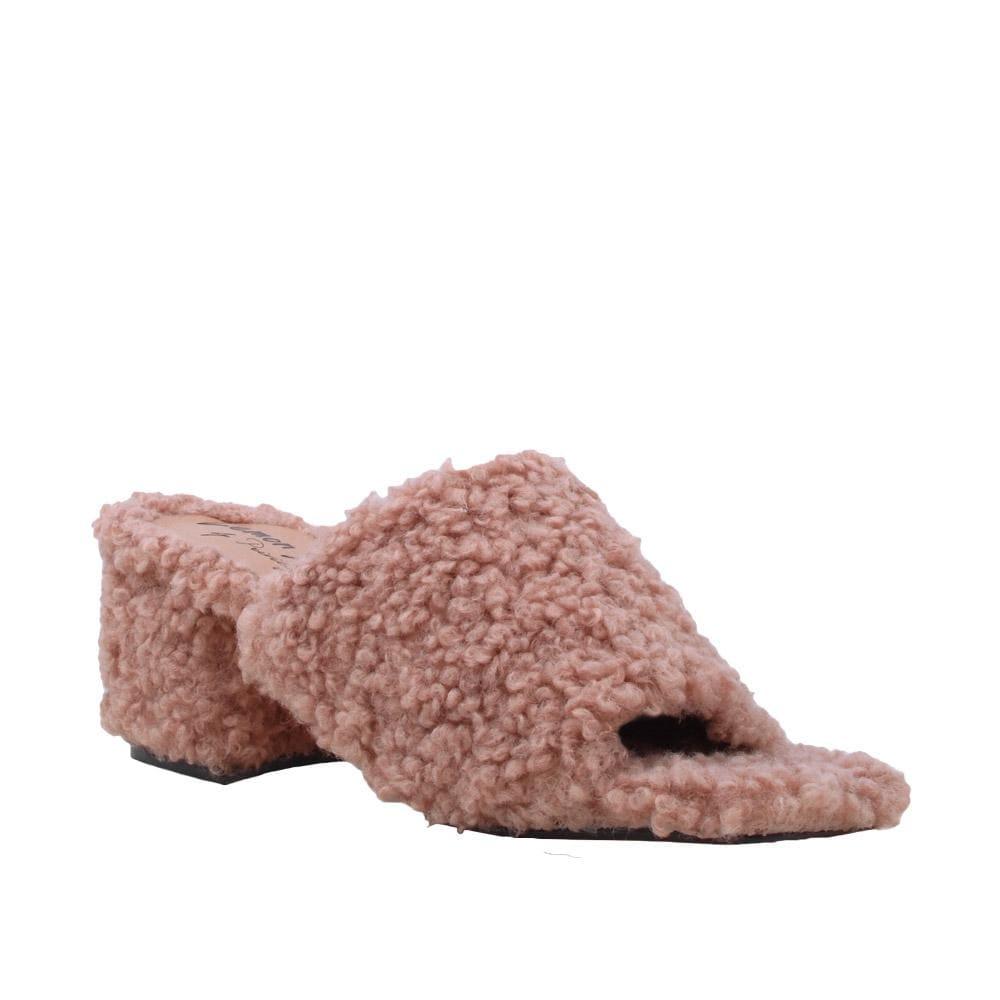 Tan colored women flats covered with faux fur-corner view