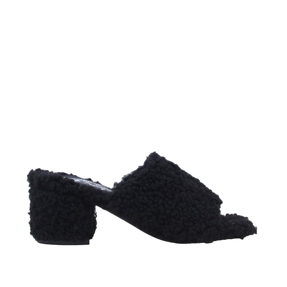 Black colored women flats covered with faux fur-side view