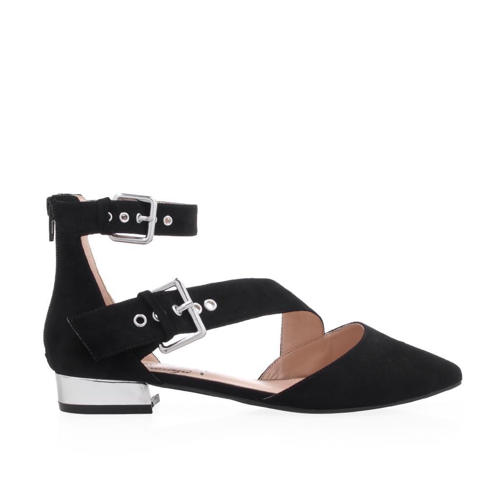 Black women flats with silver heel and two buckle closures