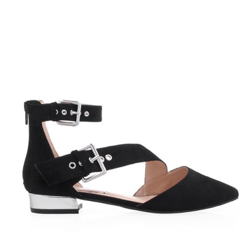 Black women flats with silver heel and two buckle closures