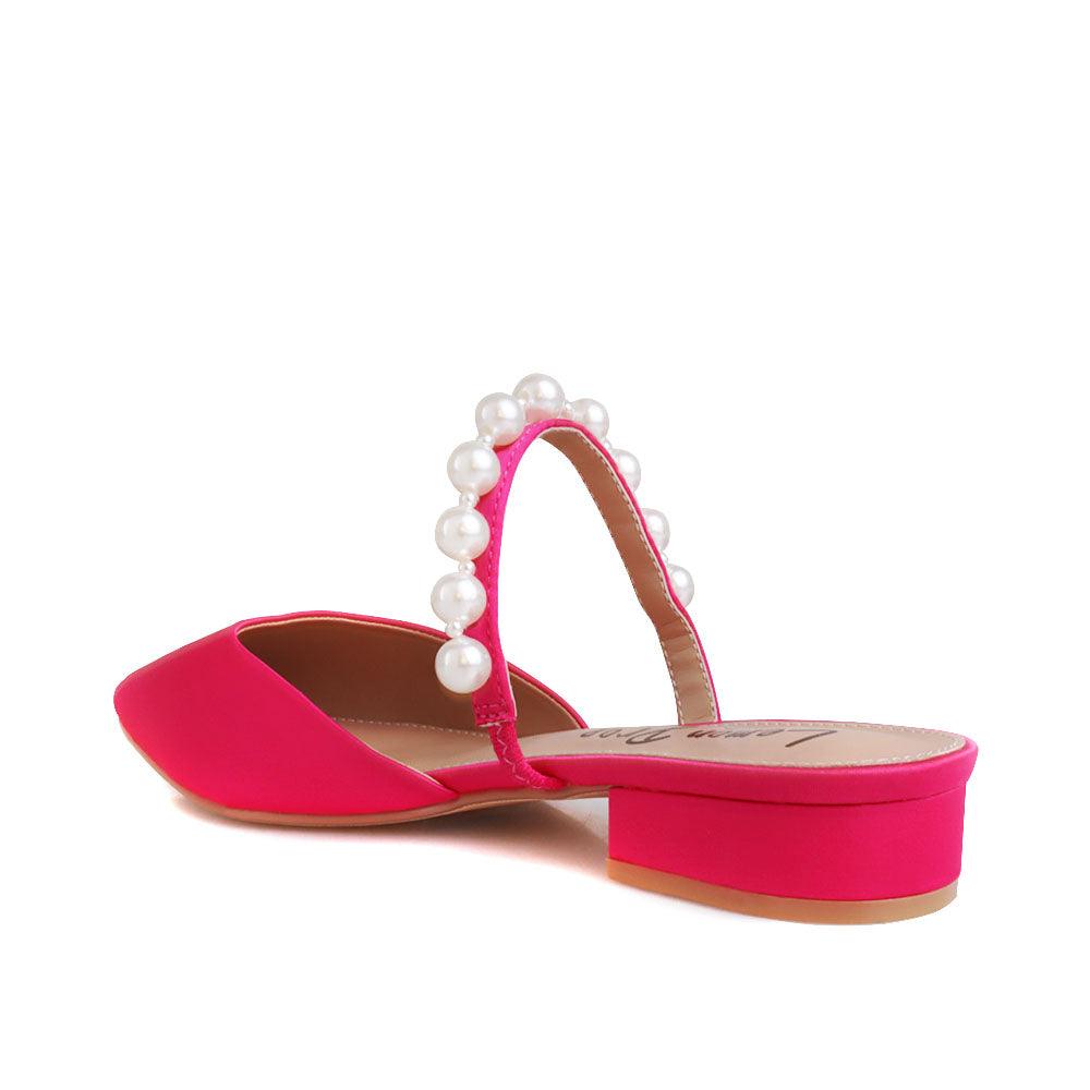 Women's slip ons in fuchsia with white pearls strap-posterior view