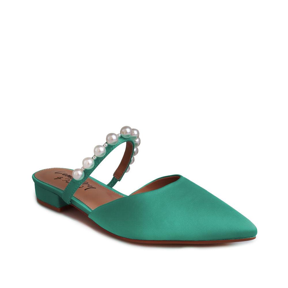 Women's slip ons in green with white pearls strap-corner view