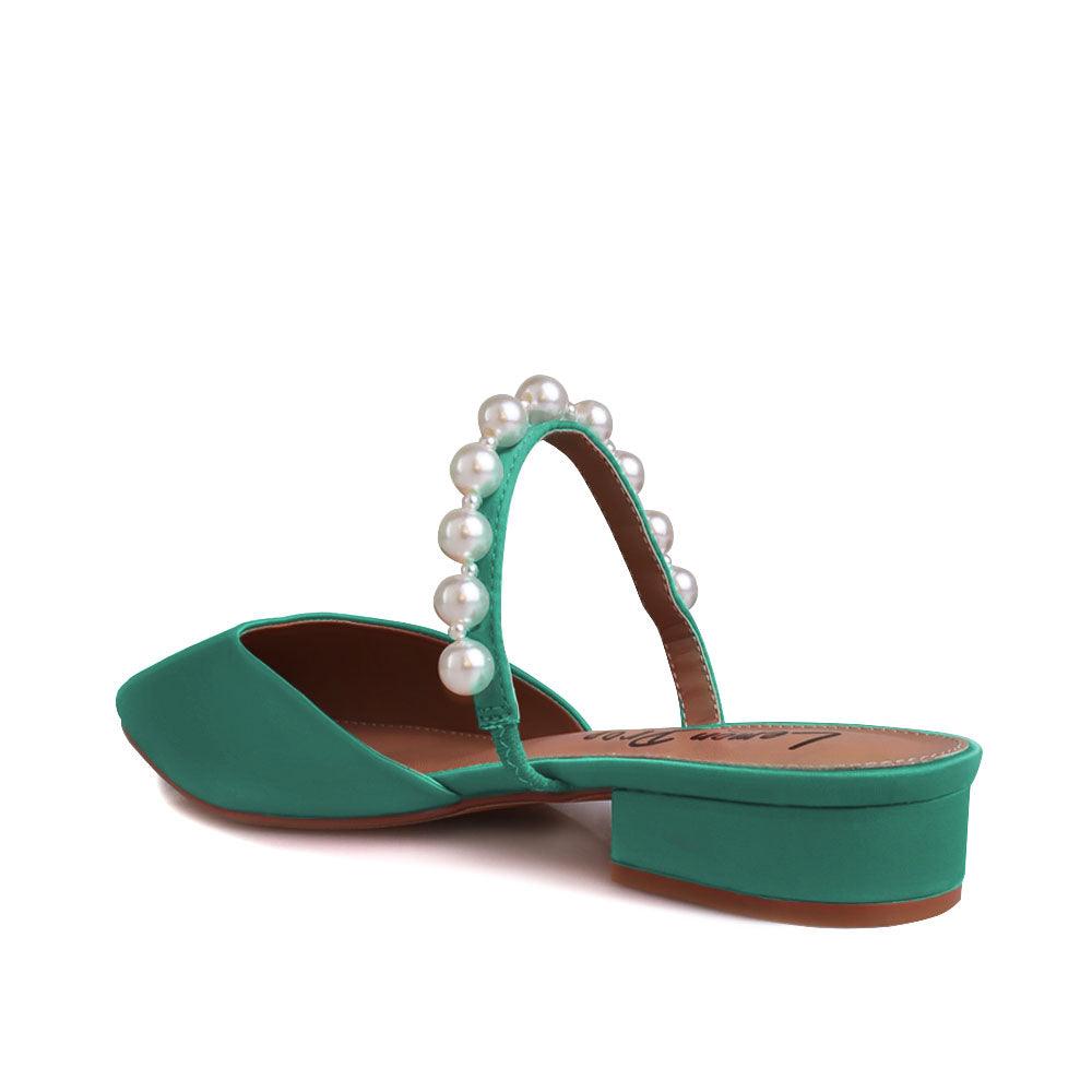 Women's slip ons in green with white pearls strap-posterior view