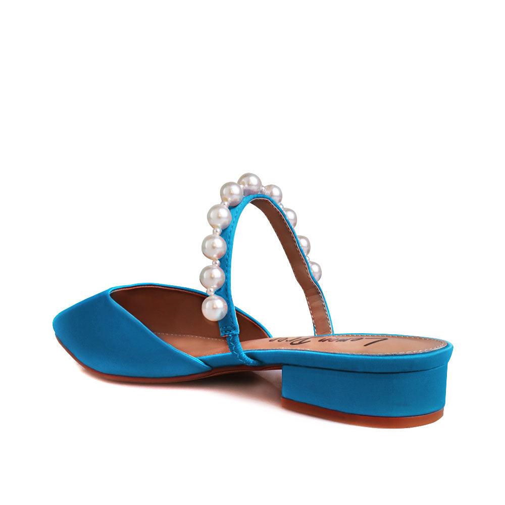 Women's slip ons in turquoise with white pearls strap-posterior view