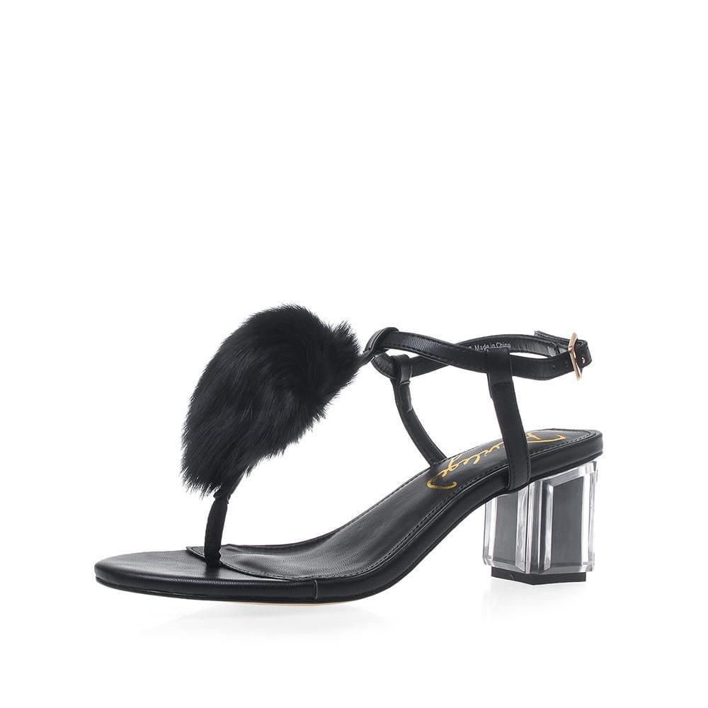  Women's block heel in black with fur-corner view