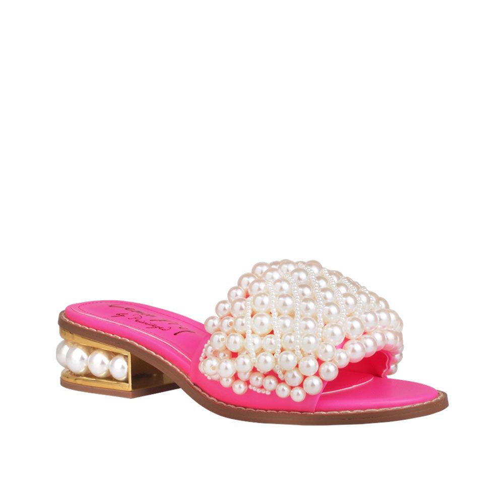 Pink women heels with pearl embellishments on upper and heel-corner view