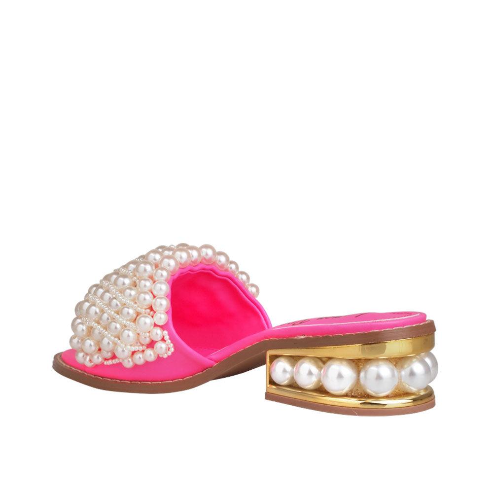 Pink women heels with pearl embellishments on upper and heel-posterior view