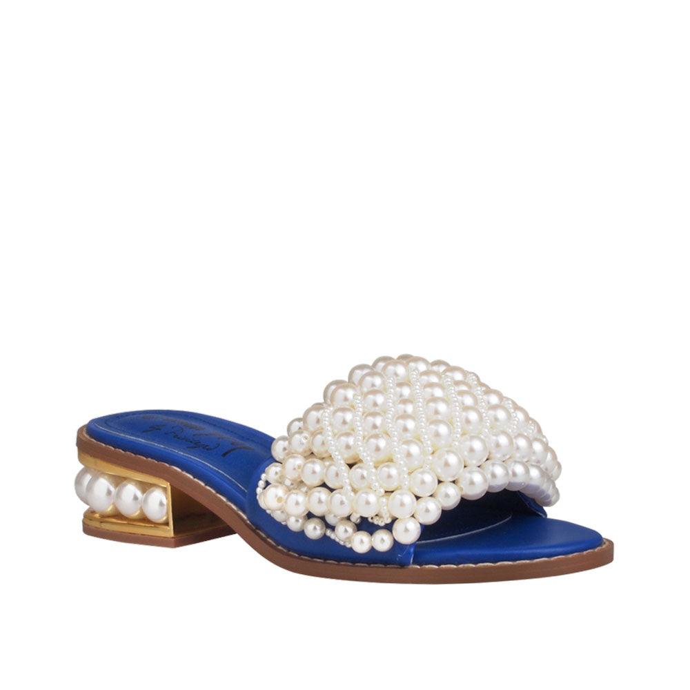 Blue women heels with pearl embellishments on upper and heel-corner view