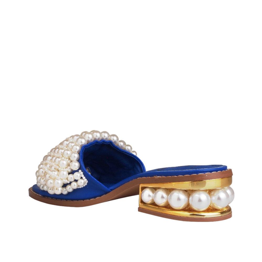 Blue women heels with pearl embellishments on upper and heel-posterior view