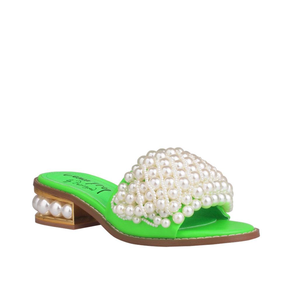 Green women heels with pearl embellishments on upper and heel-corner view