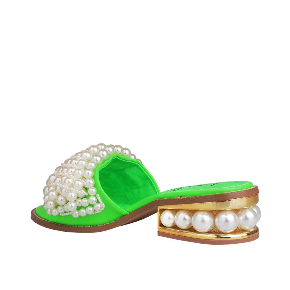 Green women heels with pearl embellishments on upper and heel-posterior view