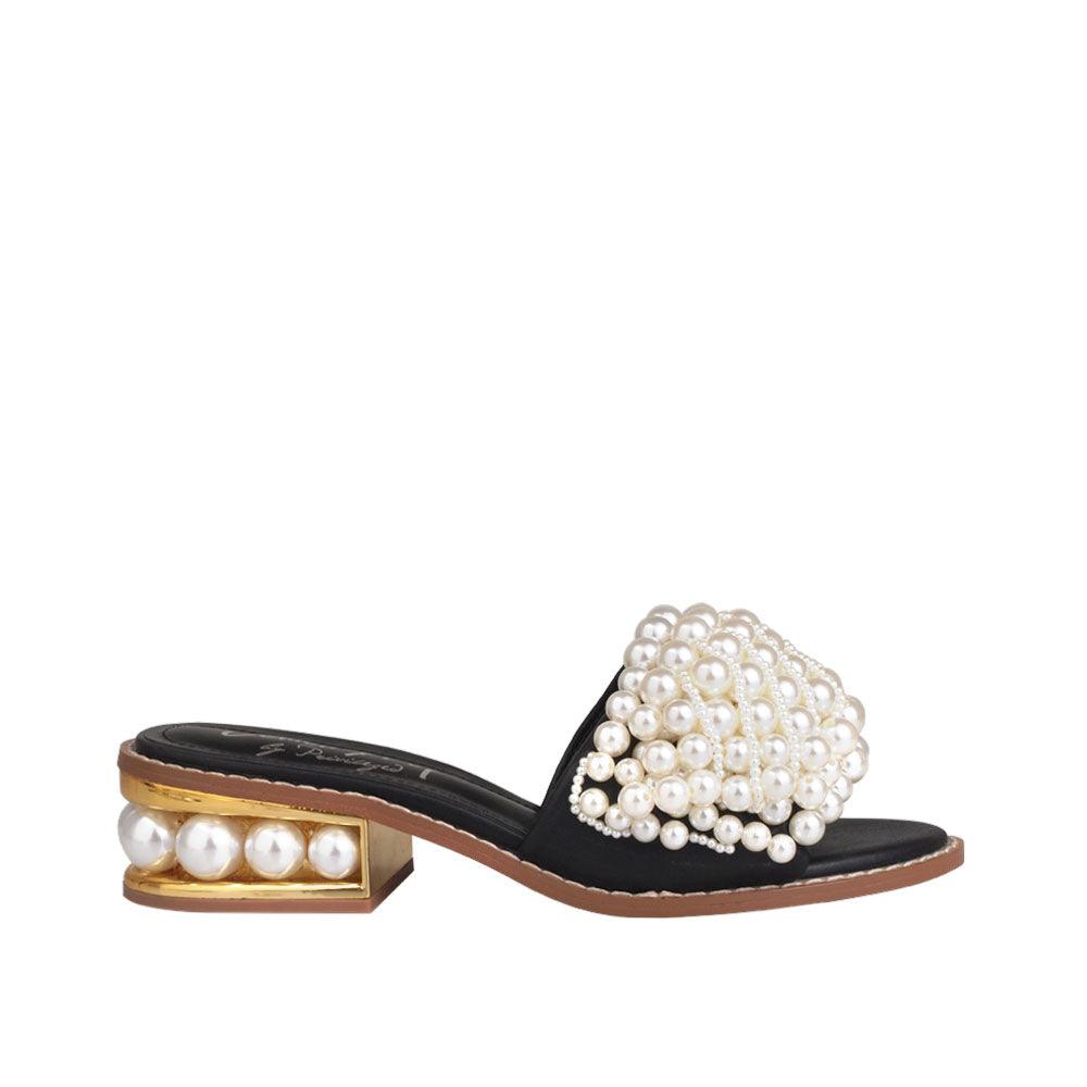 Black women heels with pearl embellishments on upper and heel-side view