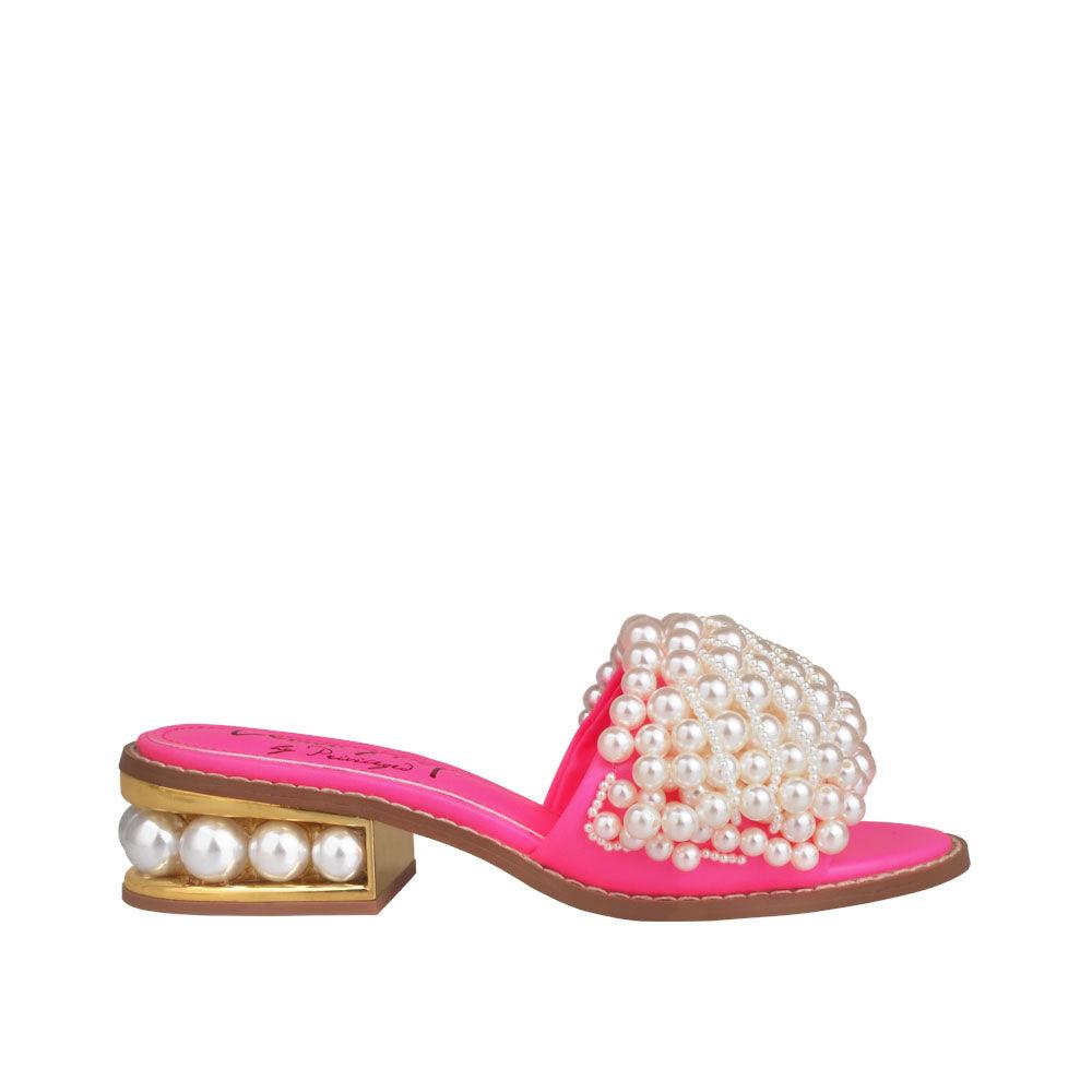 Pink women heels with pearl embellishments on upper and heel-side view