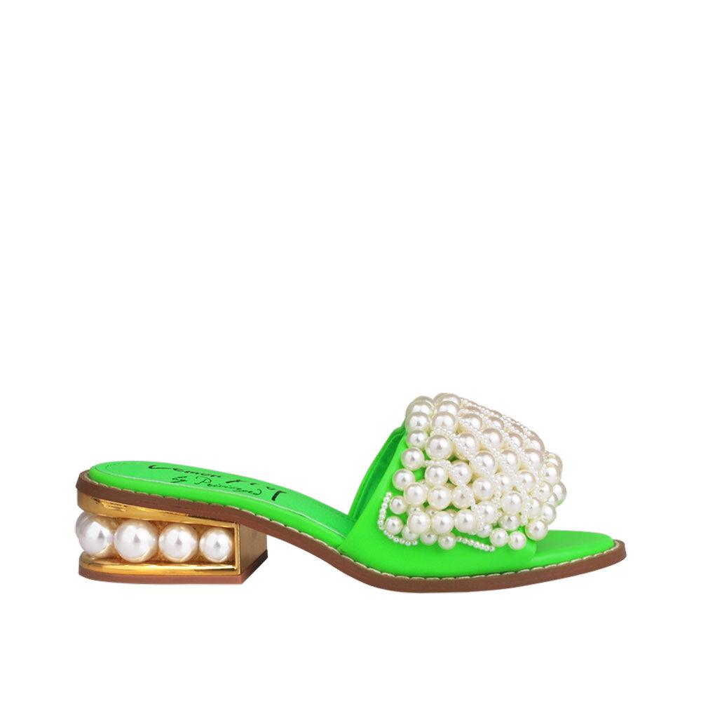 Green women heels with pearl embellishments on upper and heel-side view