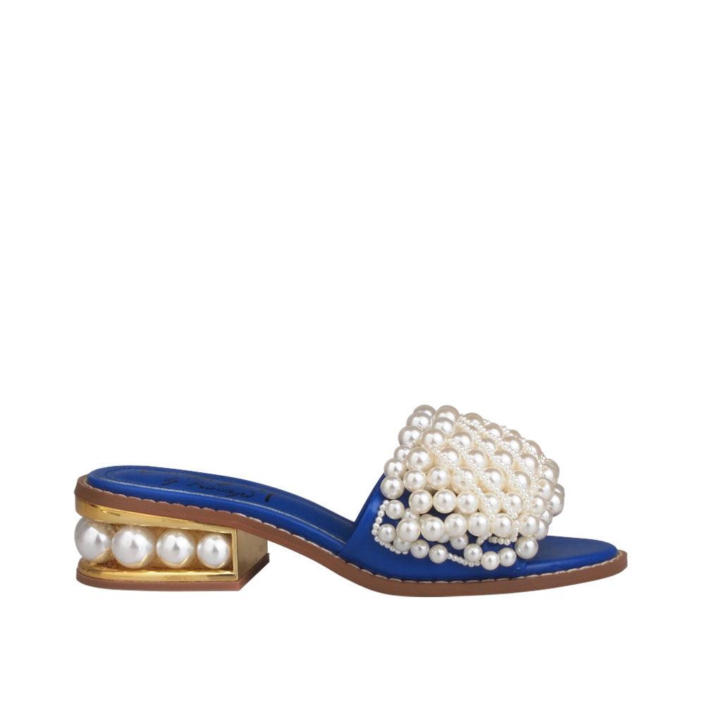 Blue women heels with pearl embellishments on upper and heel-side view