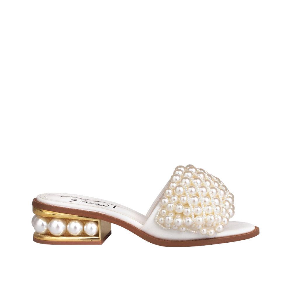 White women heels with pearl embellishments on upper and heel-side view