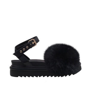 High sole faux fur women slip-ons in black-side view