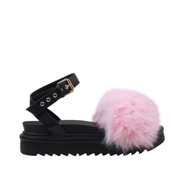High sole faux fur women slip-ons in pink-side view