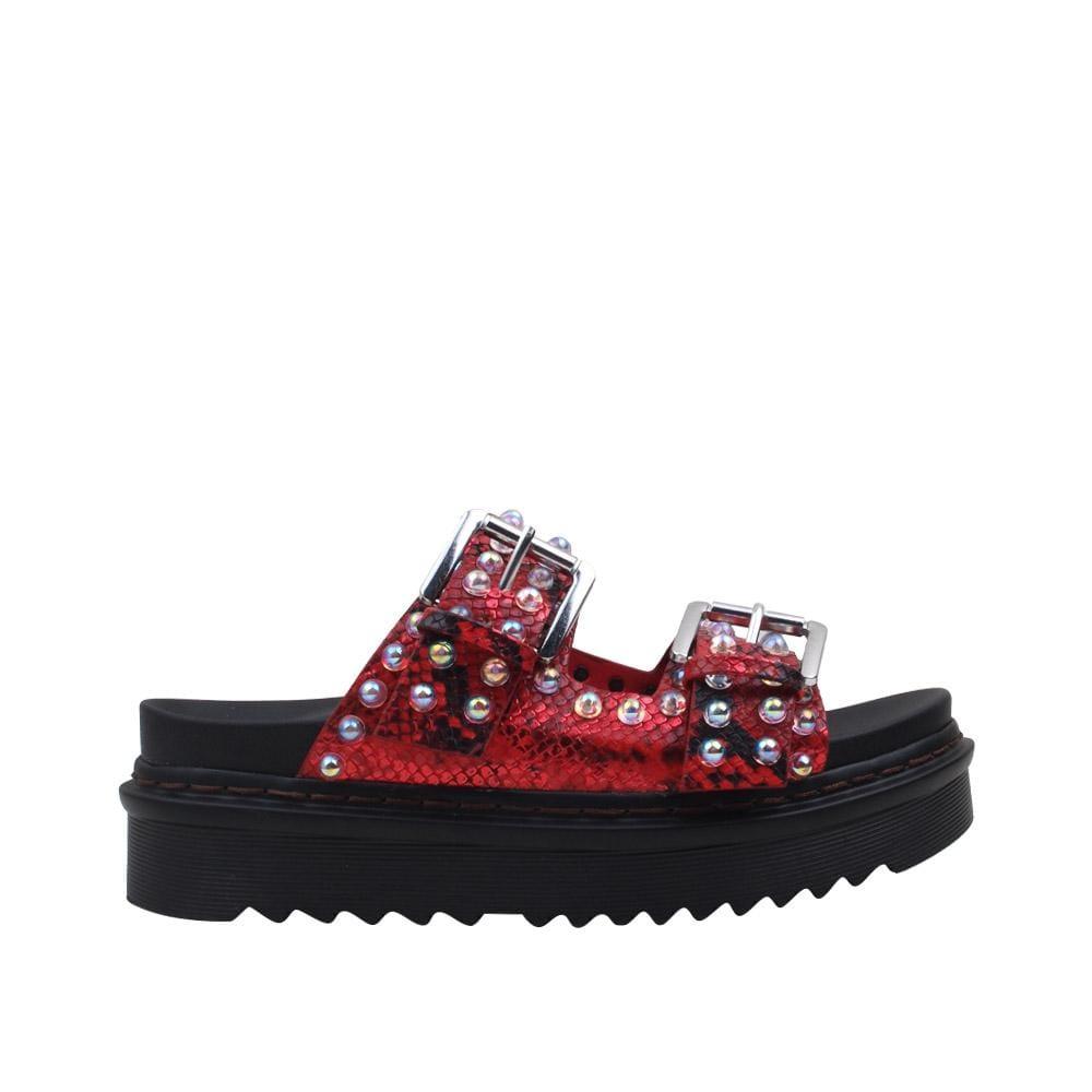 Red flat women shoes with iridescent pearls