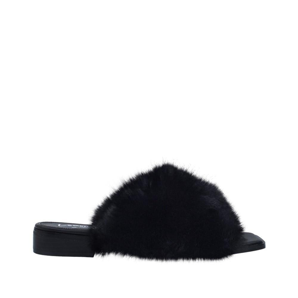 Women slip ons with faux fur accents in black