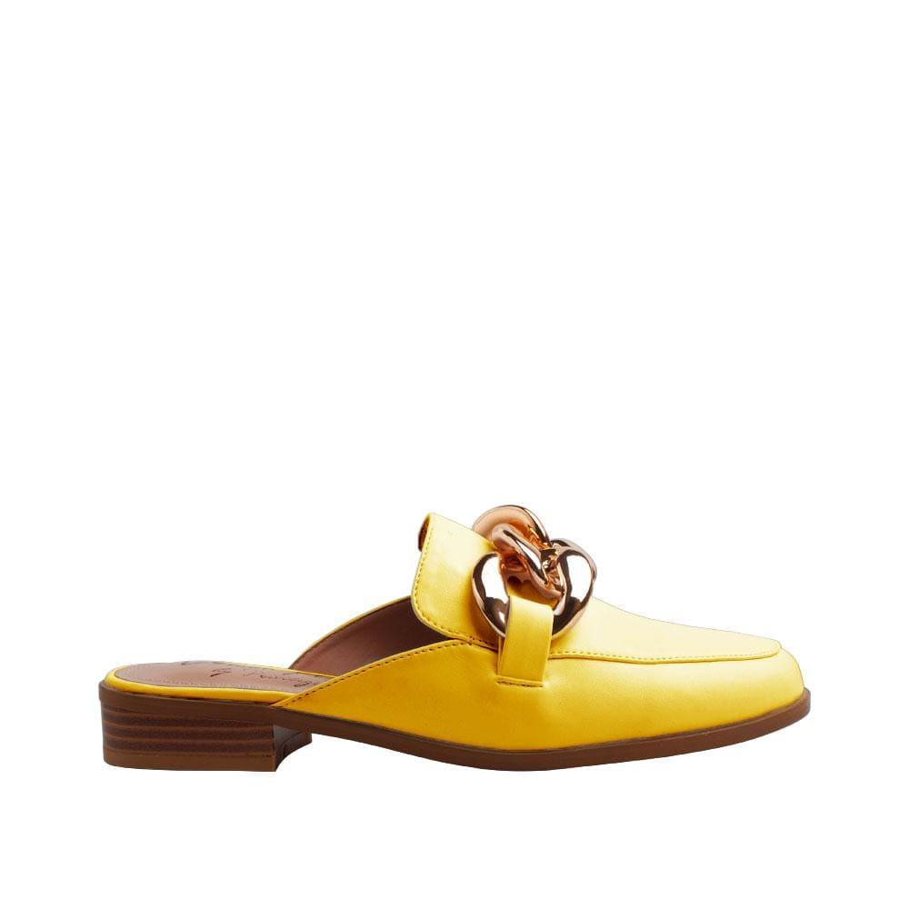 Slip-on yellow colored flats with pointed toe and gold chain accents.